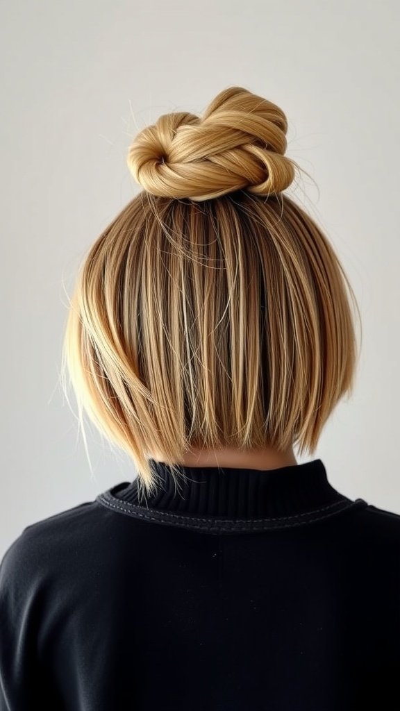 A blonde knotless bob hairstyle with a messy bun on top.