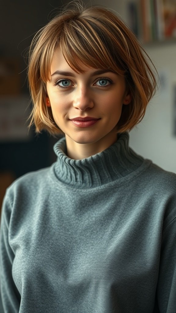 A young woman with a knotless bob hairstyle, showcasing a messy texture.