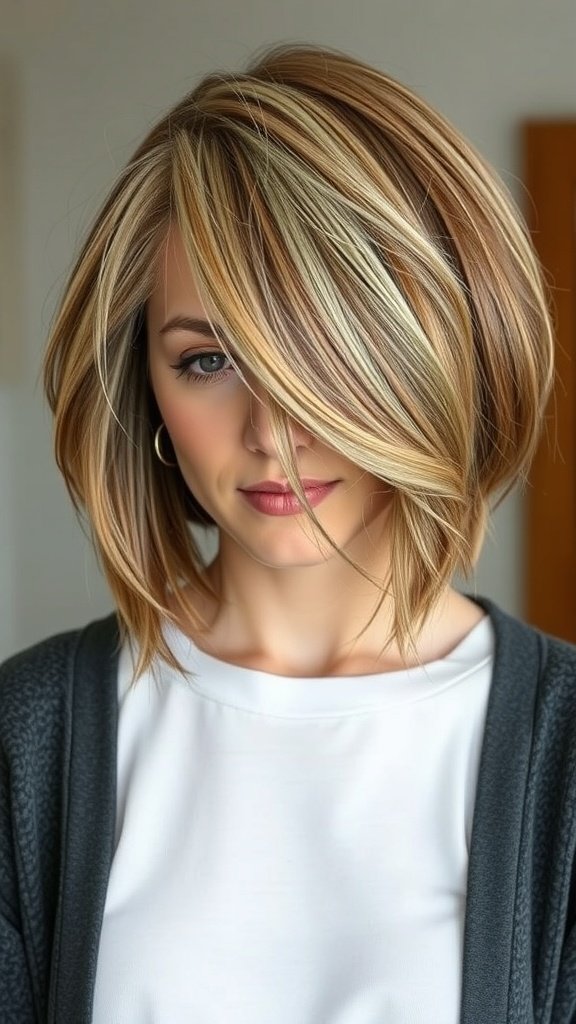 A stylish woman with a multi-tone knotless bob hairstyle, featuring layers of blonde and caramel colors.
