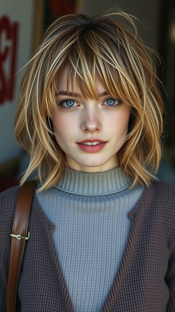 A young woman with a shaggy bob hairstyle, featuring soft layers and a natural wave, wearing a cozy sweater.