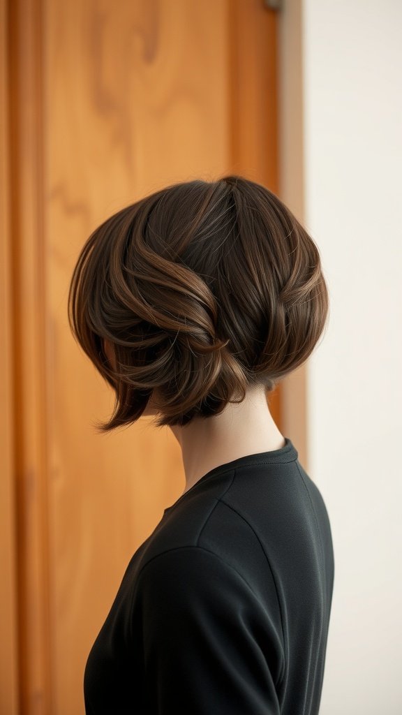 A woman with a stylish knotless bob hairstyle featuring a side bun.