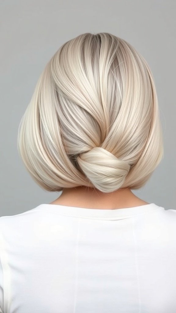 A stylish knotless bob hairstyle with a twist at the back, showcasing smooth blonde hair.