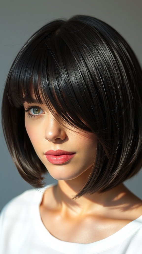 A close-up of a woman with a sleek bob hairstyle, showcasing shiny, smooth hair.