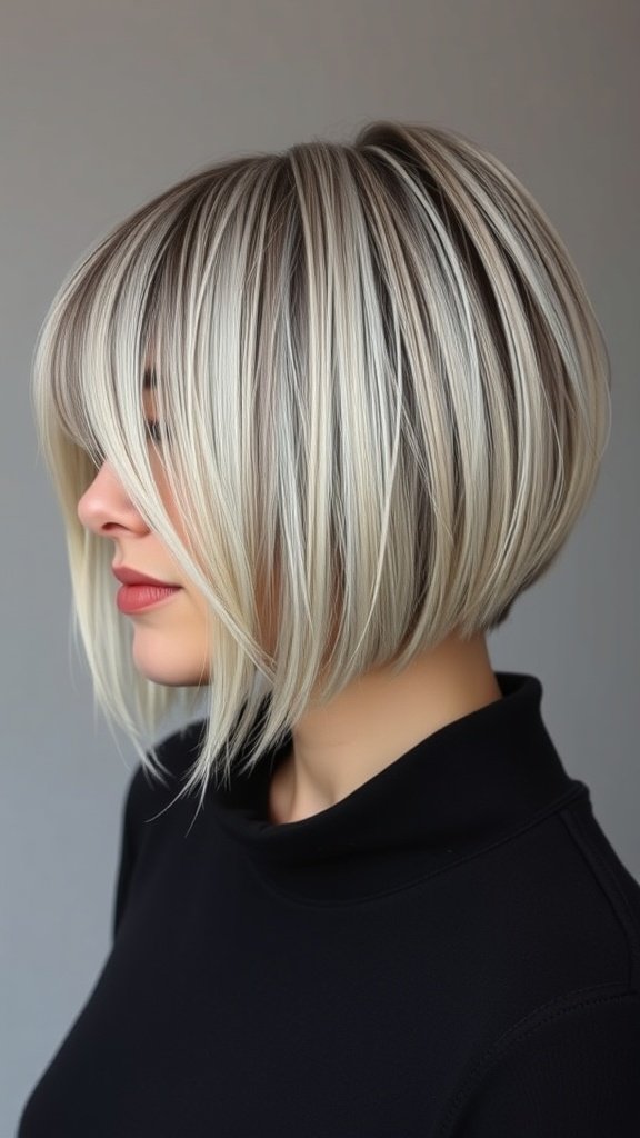 A stylish woman with a knotless bob featuring a tapered cut, showcasing soft layers and highlights.