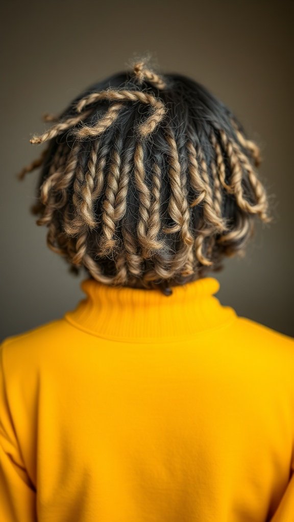A close-up view of a knotless bob hairstyle with twist outs, showcasing beautiful texture and color.