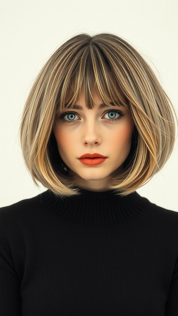 A model with a stylish knotless bob hairstyle featuring soft layers and bangs, exuding a vintage flair.