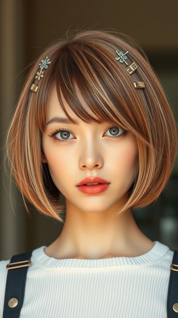 A woman with a stylish knotless bob hairstyle adorned with decorative hair clips.