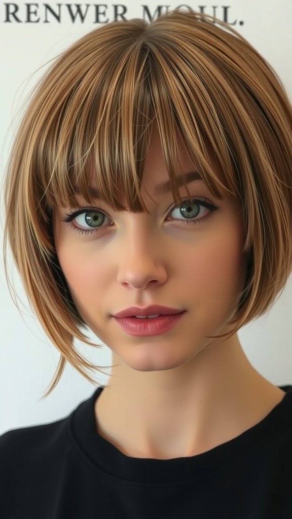 A woman with a stylish knotless bob hairstyle featuring soft bangs.