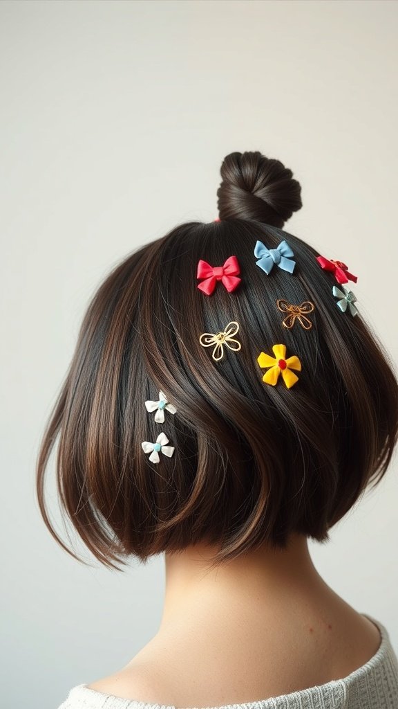 A woman with a knotless bob hairstyle decorated with colorful hair clips.