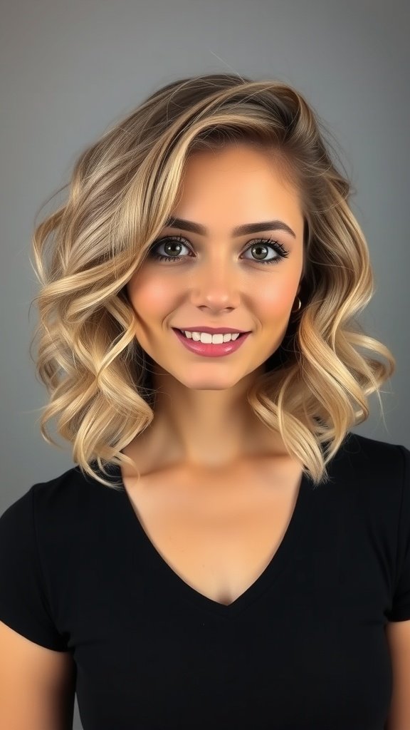 A woman with a stylish knotless bob hairstyle featuring curly ends.