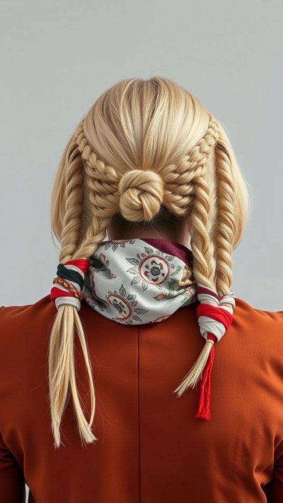A stylish knotless bob hairstyle featuring braids and decorative scarves.
