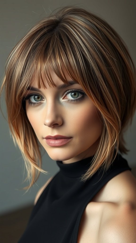 A woman with a knotless bob hairstyle featuring face-framing layers and highlights.