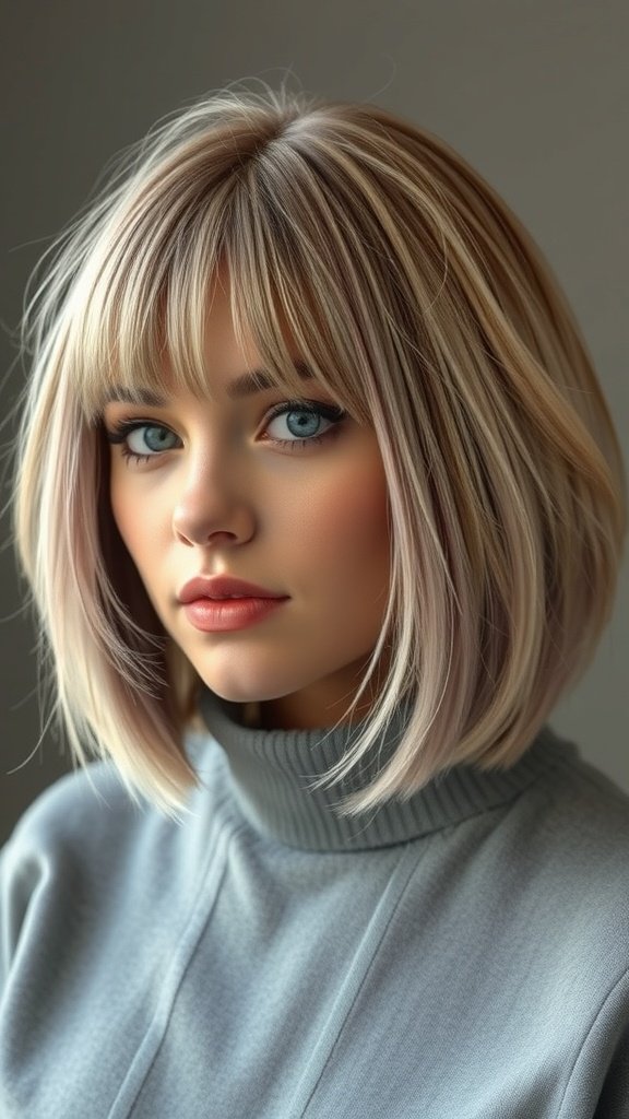 A woman with a stylish knotless bob hairstyle featuring highlights.