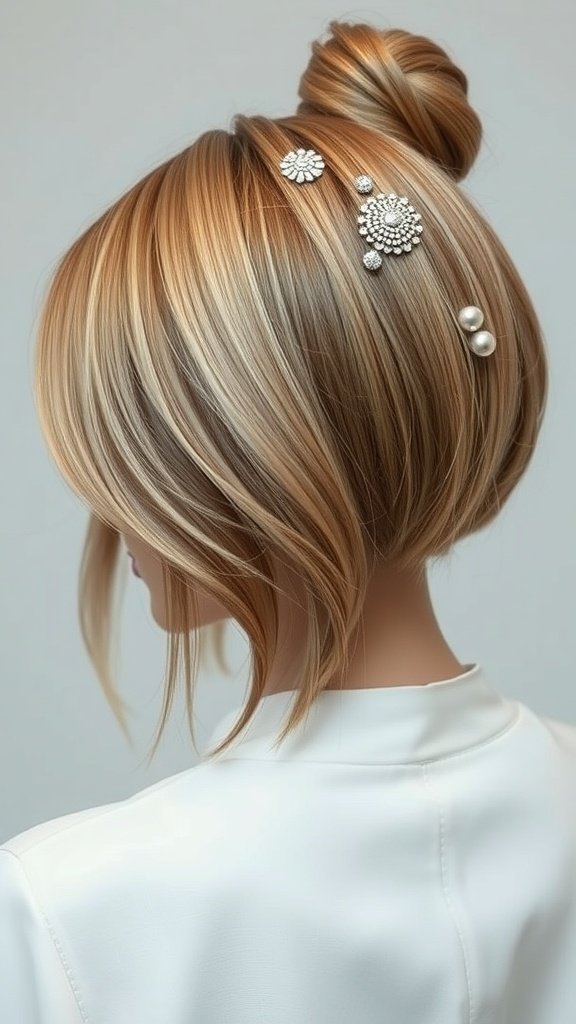 A stylish knotless bob hairstyle adorned with metallic accents and a bun.