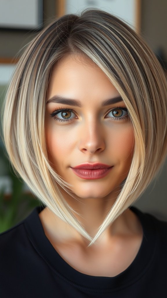 A woman with a stylish knotless bob hairstyle, showcasing a natural hairline and smooth finish.