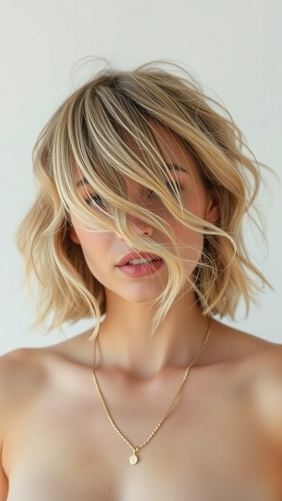 A woman with a knotless bob hairstyle featuring natural waves, looking stylish and confident.