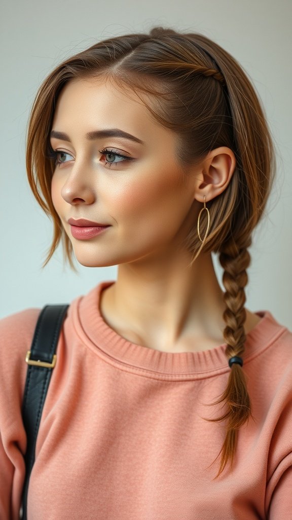 A woman with a stylish knotless bob hairstyle featuring a side braid.