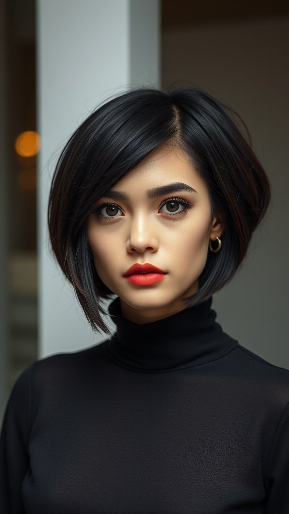A woman with a stylish knotless bob hairstyle featuring a side part, showcasing smooth braids and a chic appearance.