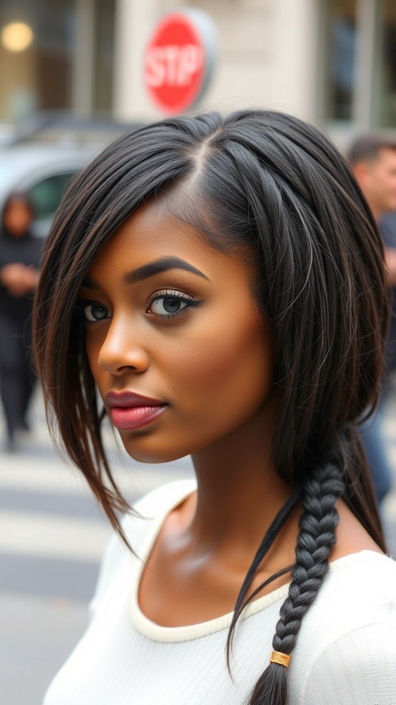 A woman with a stylish knotless bob hairstyle featuring side-swept braids.