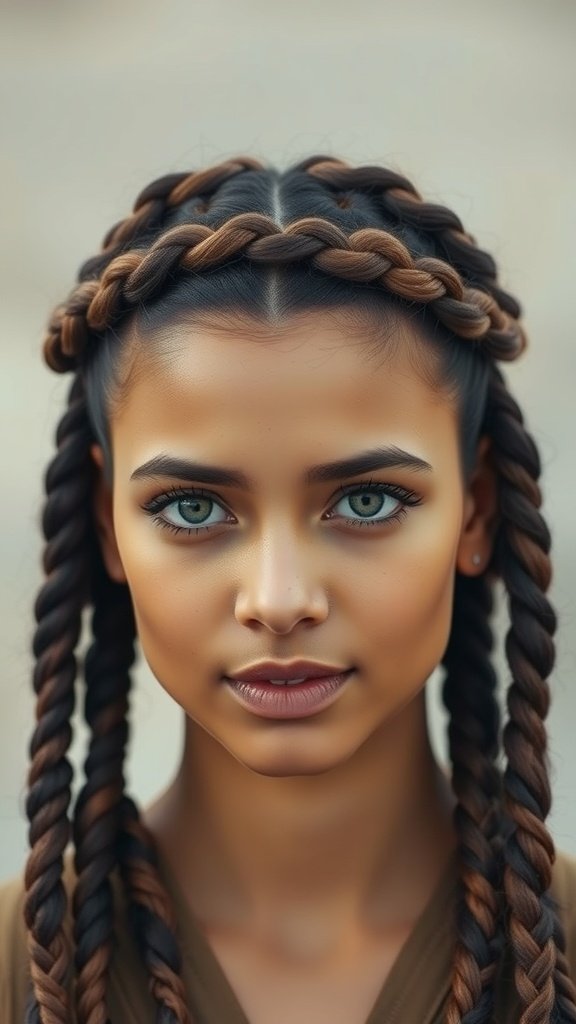 A woman with knotless boho braids styled with a crown braid.