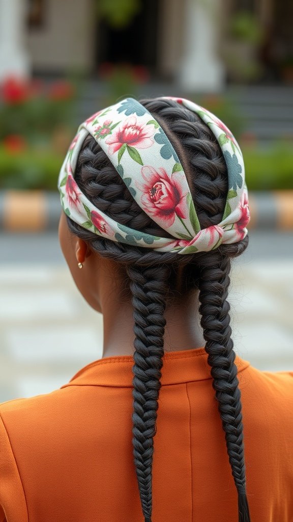 A woman with knotless boho braids and a floral headband, showcasing a stylish hairstyle.