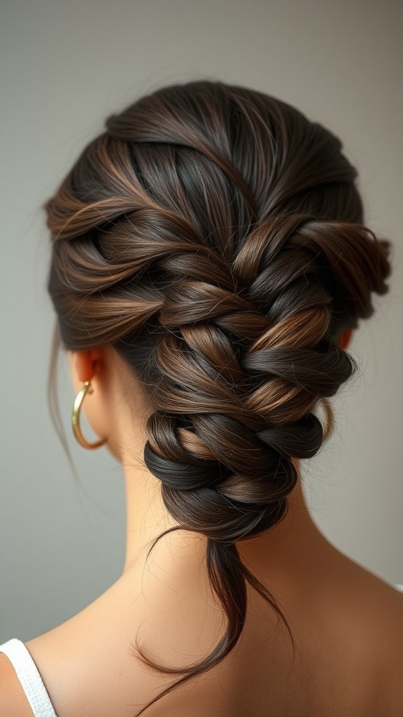 A stylish side bun created with knotless boho braids, featuring dark and light hair tones.