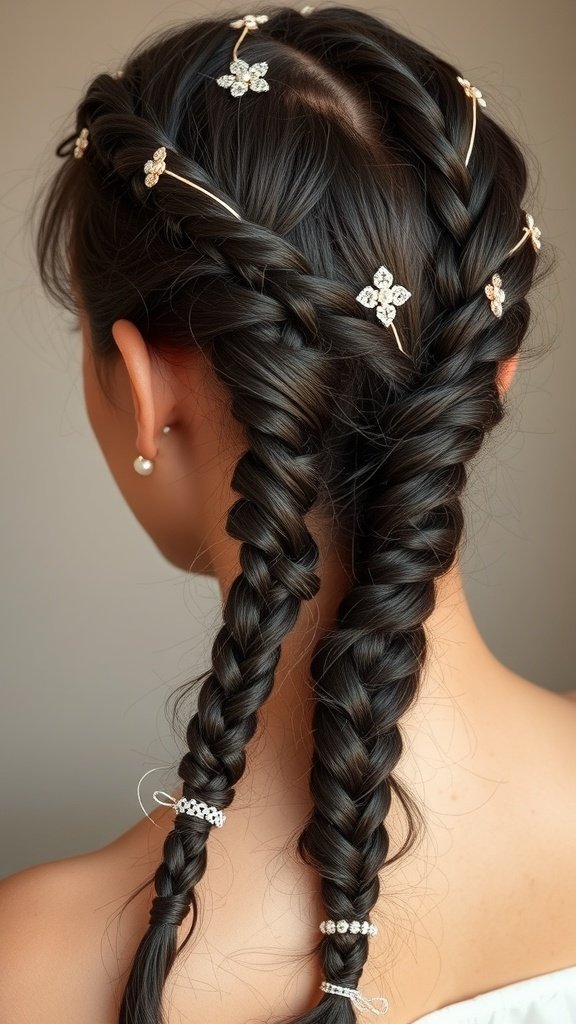 Knotless boho braids with dainty accessories, featuring floral clips and shimmering beads.