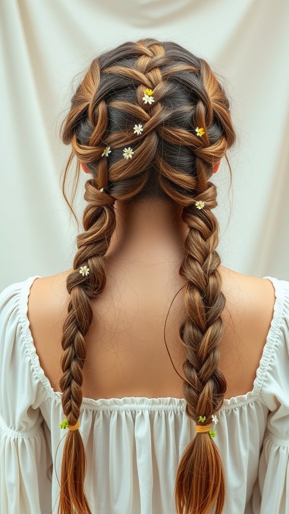 Knotless boho braids with floral accents on a woman wearing a white off-shoulder top