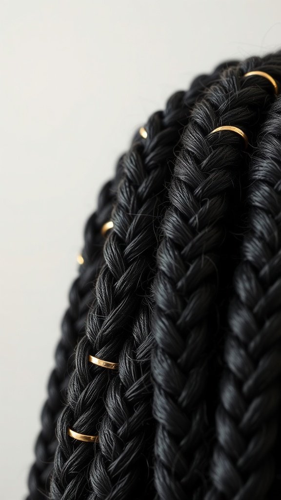 Close-up of knotless boho braids with gold hair rings