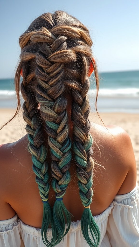 A woman with knotless boho braids featuring an ombre effect, standing on a beach.