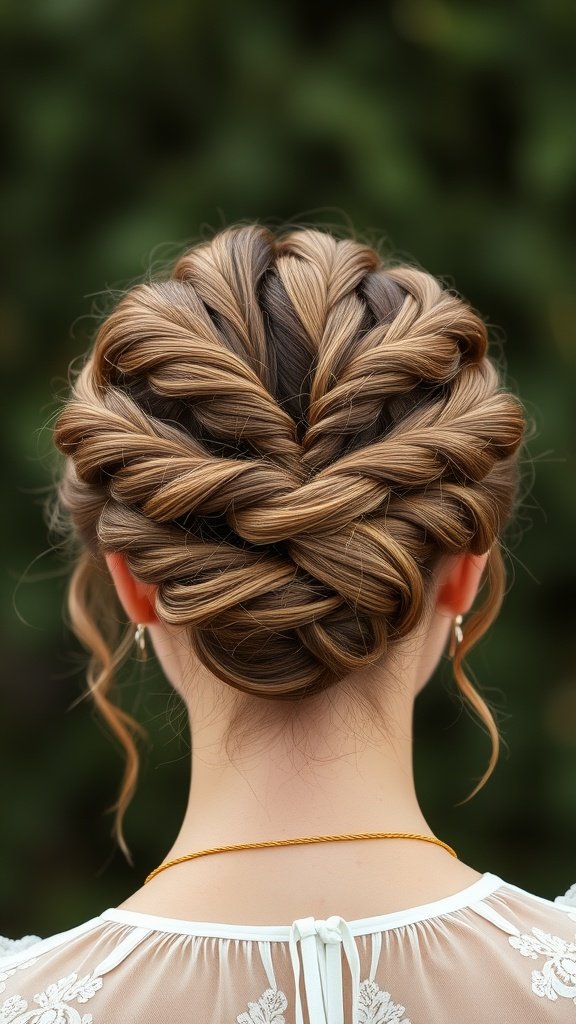A woman with a twisted updo hairstyle featuring knotless boho braids, showcasing a romantic and elegant look.