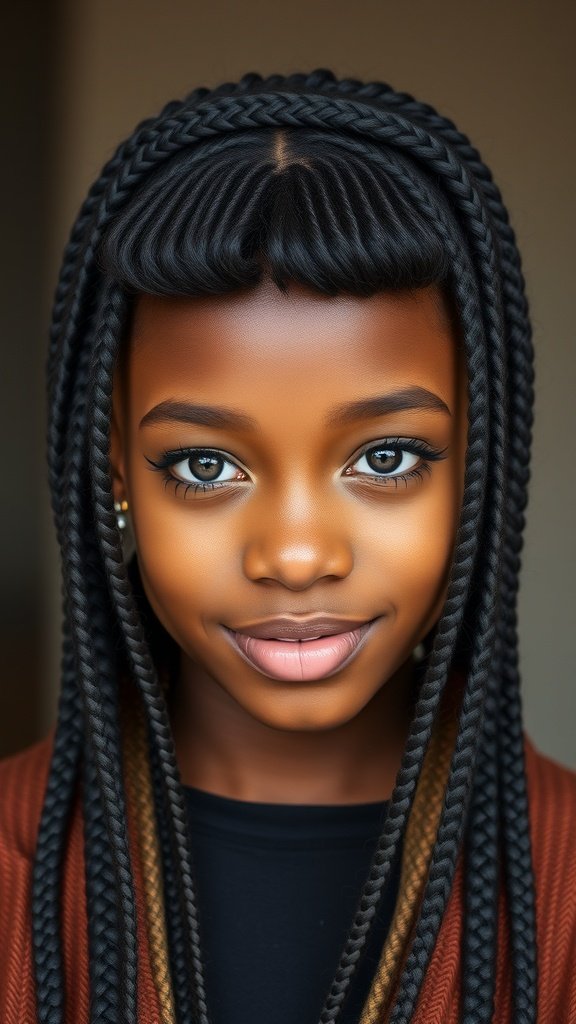 A young girl with medium knotless box braids and bangs, showcasing a stylish hairstyle.
