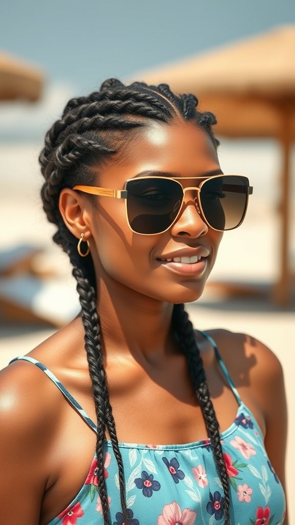 A woman with knotless braids wearing sunglasses and a floral top, enjoying a sunny day at the beach.
