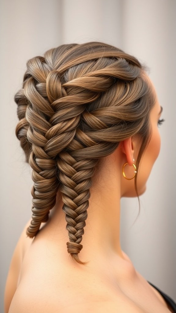 A close-up of a woman's hair styled in knotless braids, showcasing a polished and elegant look suitable for formal events.