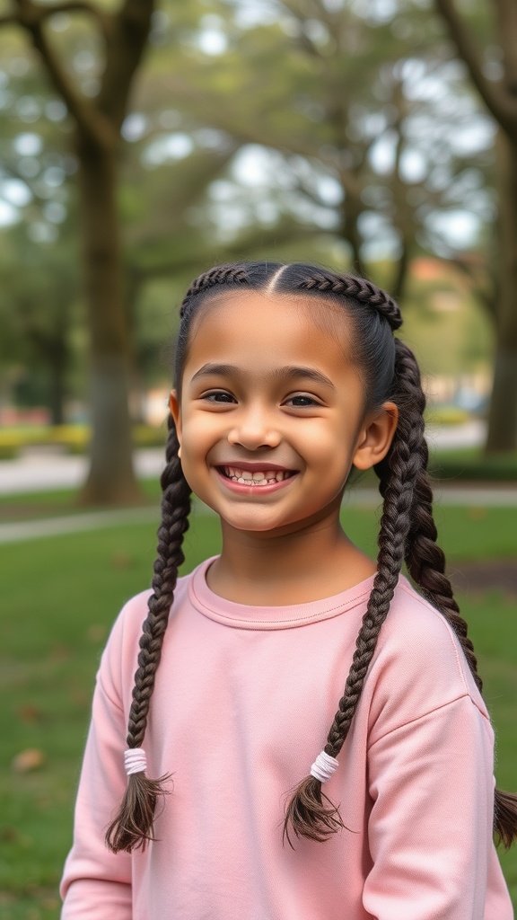 A smiling girl with knotless braids outdoors, showcasing a playful hairstyle.