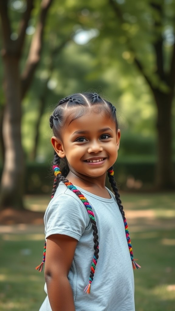 A smiling child with colorful knotless braids in a park setting.
