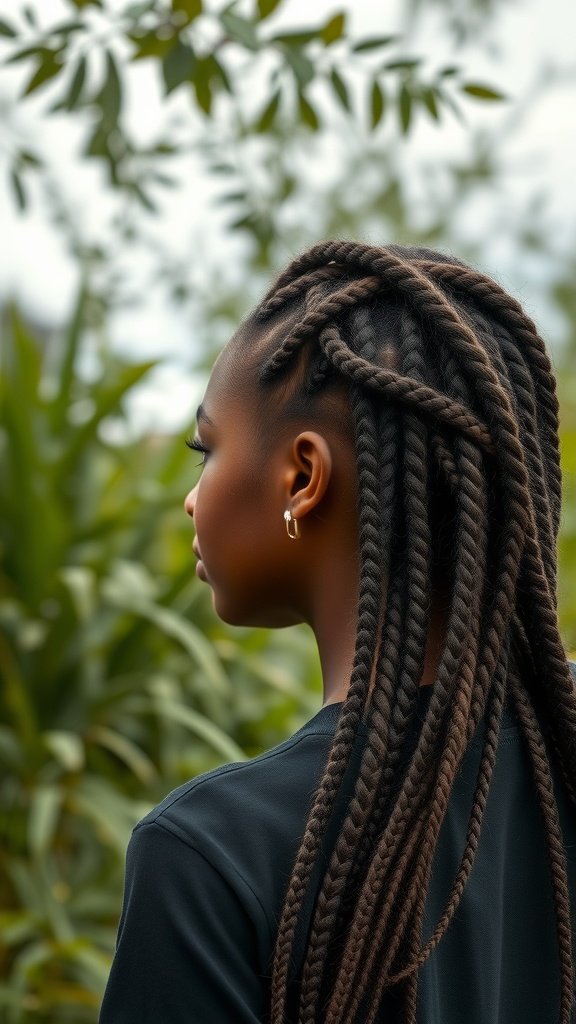 A woman with knotless braids, showcasing a stylish hairstyle in a natural setting.