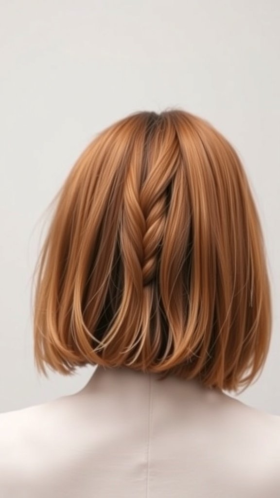 Back view of a bob hairstyle with a single braid, showcasing a warm hair color.