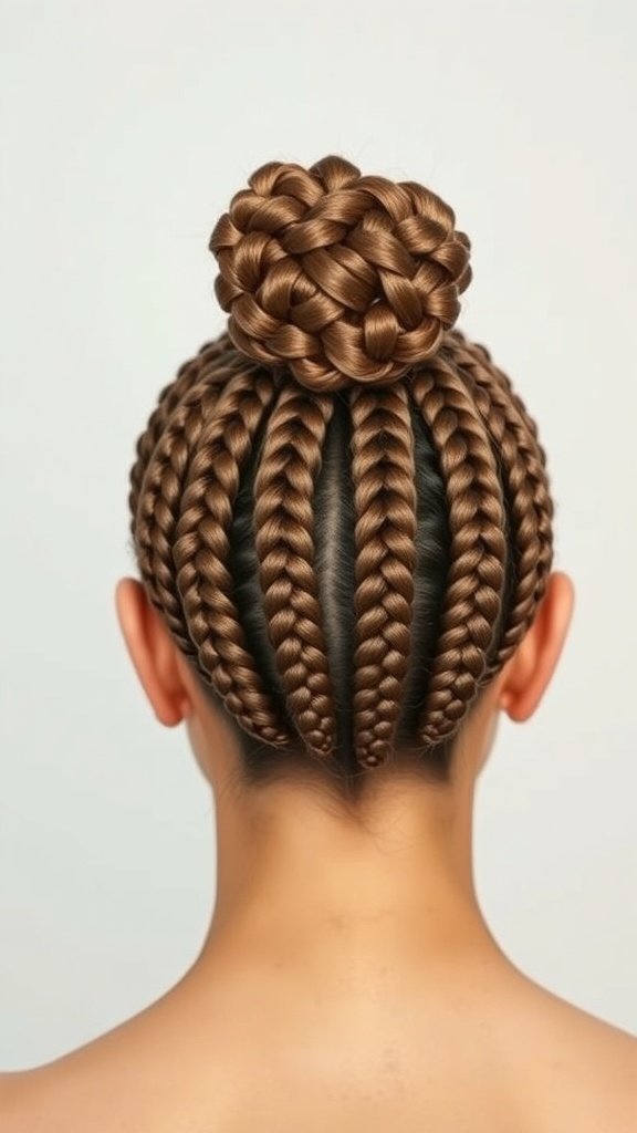 A woman with knotless braids styled in a bun, showcasing intricate braiding patterns.