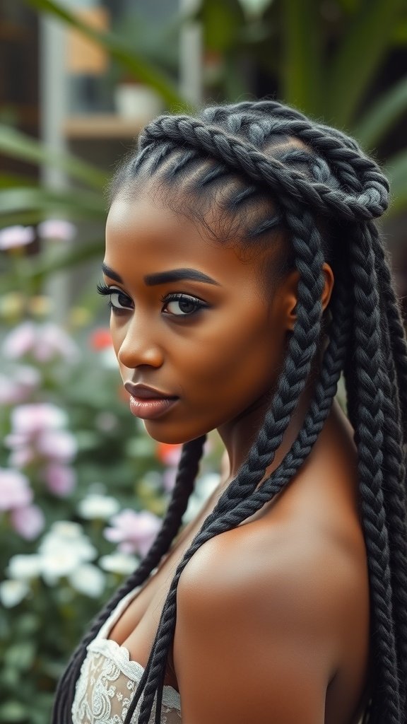 A woman with knotless braids styled in a crown, surrounded by flowers.