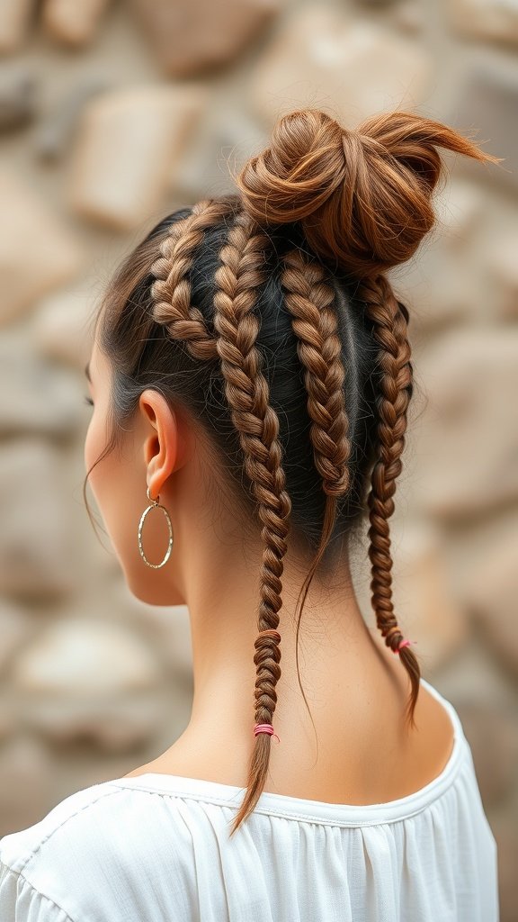 A woman with knotless braids styled in a high bun, showcasing a chic and playful hairstyle.