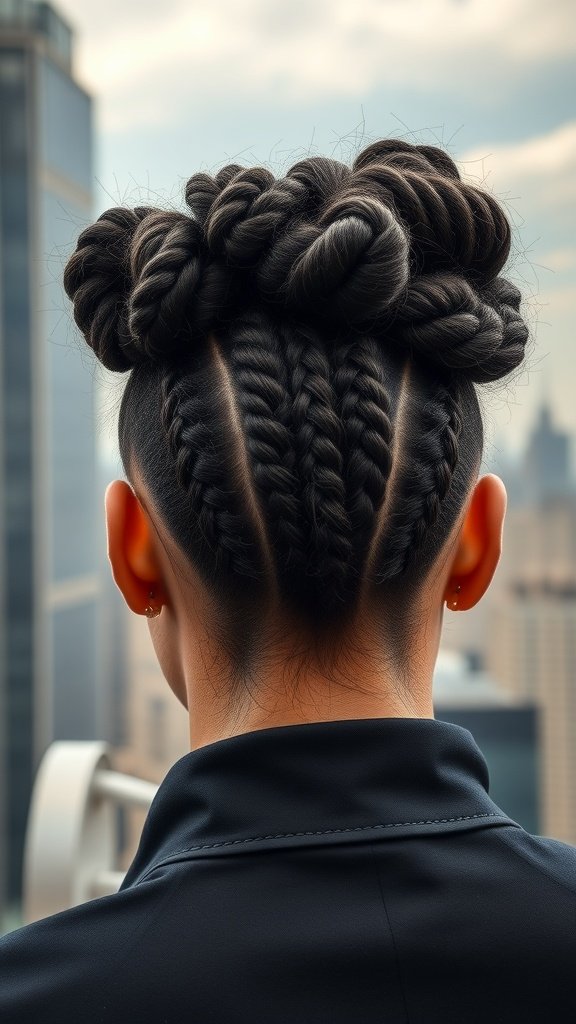 A person with knotless braids styled in a high bun, showcasing a neat and elegant hairstyle.