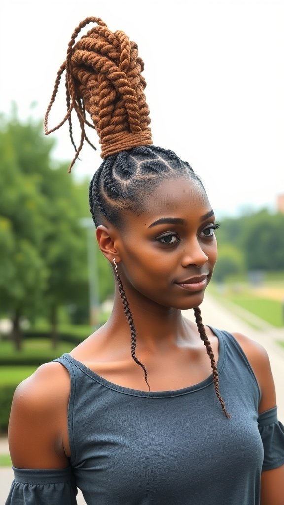 A woman with knotless braids styled in a high ponytail, showcasing a trendy and elegant hairstyle.