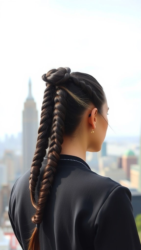 A woman with knotless braids styled in a high ponytail, with a city skyline in the background.