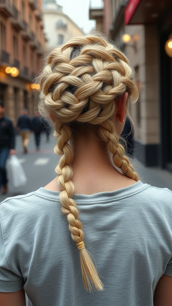 A woman with blonde knotless braids styled in a loose bun, walking in a city street.