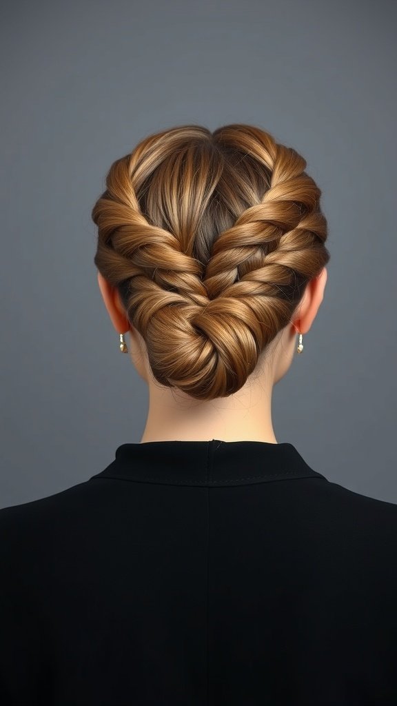 A woman with knotless braids styled in a low bun, featuring a heart shape design at the back.