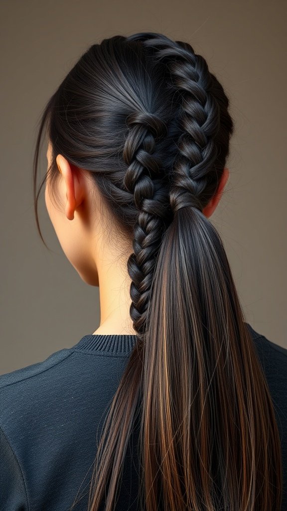 A woman with knotless braids styled in a ponytail, showcasing two braided sections.