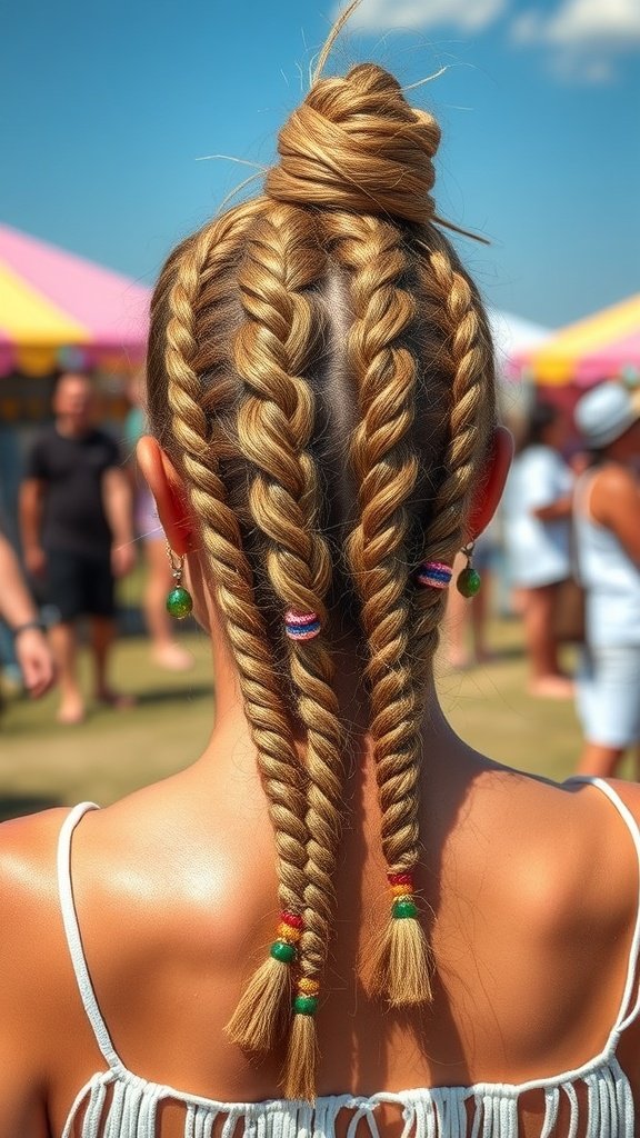 A woman with medium knotless braids styled for a festival, featuring colorful beads and a top knot.
