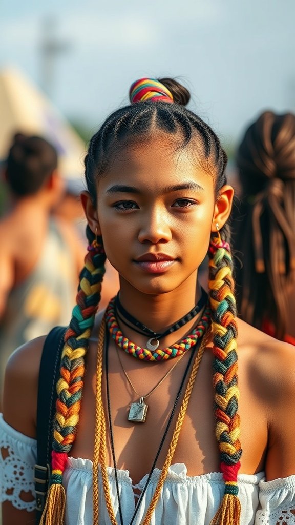 Young woman with colorful knotless braids styled for a festival