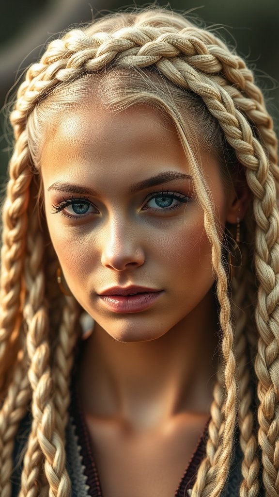 A close-up of a person with blonde knotless braids styled in a crown.